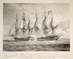 adventures-of-the-blackgang:  HMS Shannon, Commencing the Battle with the American Frigate Chesapeake, on the 1st June 1813 Lithograph on India paper,circa 1840  