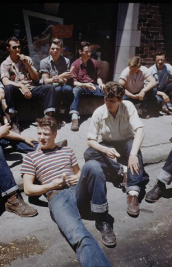 1950sunlimited:  Teens, 1950s Teenage boys wearing the style they are most accustomed to throughout the United States; Jeans, leather boots (shoes are acceptable) and button up shirt with carefully rolled sleeves (a tee shirt may be worn under this or