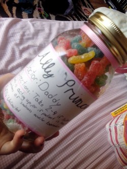 daddysbabydollprincess:Valentines Day Gift from Daddy : DIt says:  Ally “Princess” Doctor: Daddy Directions: Take 2-4, if sweet tooth is acting up, or if patient is having symtoms of sadness and/or boredom.  Refills: Unlimited.   Ain’t he just