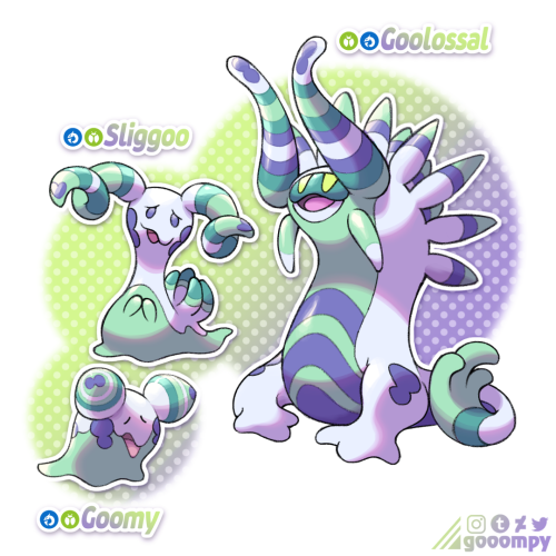 gooompy:Some Fakemon designs I finished up last month for spooky season! Goomy &gt; Sliggoo &gt; GoolossalI first designed the Goomy about a year ago and have been stalling on the evolutions ever since, but I’ve finally gotten to them. Felt fitting