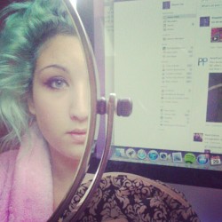 I&rsquo;m #beetlejuice #morning #face #green #turquoise #hair #mirror #eyes #makeup