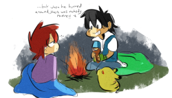thatdoodlebug:  ash tells scary ghost stories edit: added another pic in which ash scared himself with his own ghost stories lol i’ve done so many little doodles of these two now its embarrassing. maybe i should just put them all together in one big
