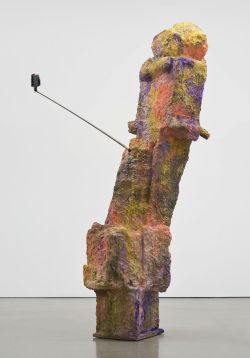 exasperated-viewer-on-air:  Rachel Harrison - 7 Magnum, 2015wood, polystyrene, chicken wire, cement, acrylic, Eagle Magnum Lead shot, selfie stick, and display phone85 ½ x 56 x 22 inches (217.2 x 142.2 x 55.9 cm)