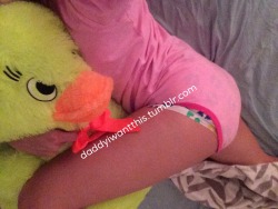 daddyiwantthis:  Daddy bought me a giant ducky! He’s so big and fluffy I just love him.   Pink adult baby onesie &amp; paci made with love by @onesiesdownunder  Use “daddyiwantthis” so they know I sent you &amp; you get a discount 💖 PS: if you