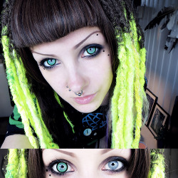 psychara:  PinkyParadise - Largest Circle Lens Store lens review!The EOS Candy Green - https://www.pinkyparadise.com/EOS-Candy-Gr…/e10-g208-grn.htmSuper comfy, bright green lenses, which goes perfectly with blue eyes! So alien goth : DAnd if you use