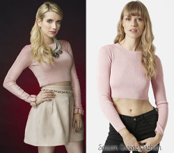 screamqueensfashion:  WHO: Emma Roberts as Chanel OberlinWHAT: Topshop Ribbed Crop Sweater in Pink - ฤWHERE: Scream Queens Season 1 Promotional Picture