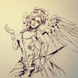 fryingtoilet:  ☀️✨ #ink #lines #mercy #traditional #illustration #overwatch  #angel 💫 