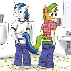 Shining Armor and Gaffer showing off their butts.  Why in the bathroom?  Who are they showing it too?  Why does Shining look so confident, while Gaffer&rsquo;s apprehensive?  You decide. Stream Doodle turned into full on pic.