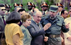 fylatinamericanhistory:  Soviet leader Mikhail Gorbachev arrived in Cuba for a brief visit on April 2, 1989. Here he is with his wife Raisa Gorbachev and Cuban leader Fidel Castro in Havana. 