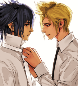 bev-nap: I thought of this random thing where on Noctis’s wedding day he doesn’t know how to tie a tie (he never had to do it himself) and his best man Prompto teaches him!~~ @matcha-castella ;) ;)
