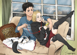 superspicy:Otayuri Week Day 4: DomesticI hope this is domestic enough. I also put the new otayuri trending topic. The red earphone. yeaaahhhh that pin up is totally rad! and people are crazy about how they share music together with red string earphone.