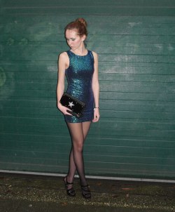 pantyhoseparty:  Black sheer pantyhose and short shiny gradient blue dress