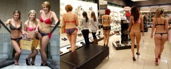 Lauren Johnson (blue underwear), Katie Ford (pink underwear) and Hayley Rossiter (leopard underwear) are among 100 girls who have won a £100 gift voucher for turning up in nothing but their underwear and high heels on the occasion of a publicity stunt