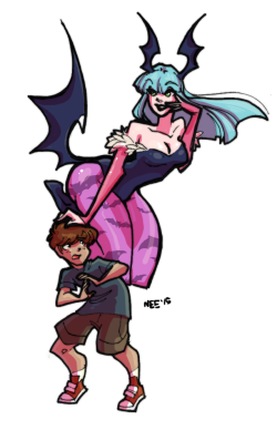 neo-edo-exican:I got commissioned to draw the Boy (The owner would like to remain anonymous) Morrigan can certainly take on tough foes and seduce the coldest hearts. BUt sometimes she probably likes to just mess around and  spook young kids out too