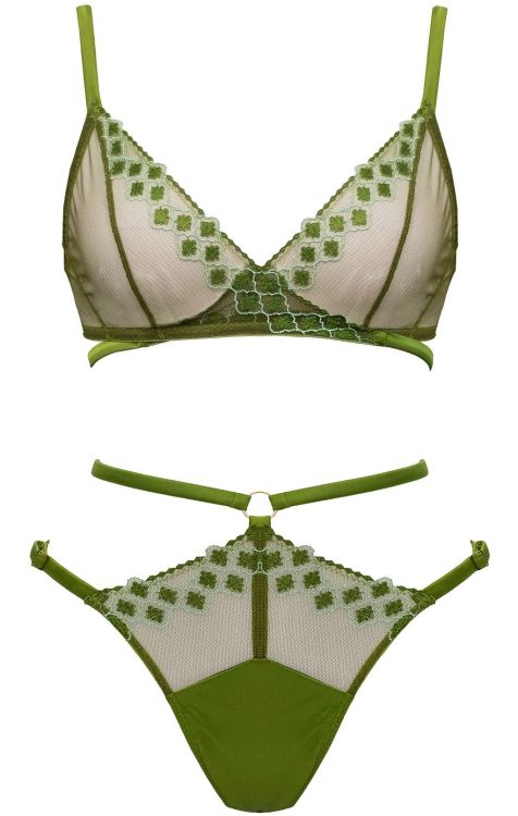 martysimone:Studio Pia | Mounia • bralette + waist strap knicker in jungle green satin + sheer embroidered tulle