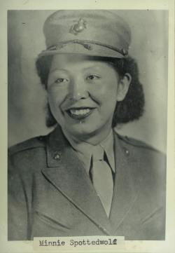 the-female-soldier:  Minnie Spotted Wolf (1923–1988) was the first Native American woman to serve in the United States Marine Corps. A member of the Blackfoot tribe, Spotted Wolf spent her childhood working on her father’s ranch in Heart Butte, Montana,