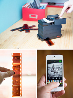 photojojo:  Analogue + Digital = One amazing gizmo! The Smartphone Film Scanner brings your 35mm into the digital world. Simply mount your smartphone, slide in your film, use a free app to invert the colors and snap a pic! It works with iPhones, Androids
