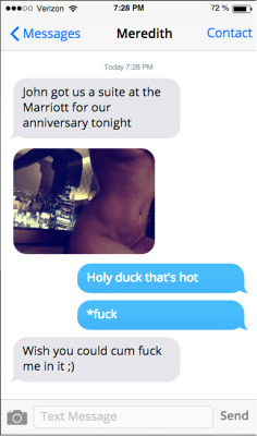 confessionsofacheatinghousewife:  My husband booked a suite in the city for our anniversary. I got to the suite early while my husband was still at work and texted his boss :)The last picture was taken by his boss Jeff in the suite at the Marriott.
