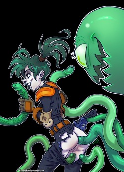 bananafiddler:  Kylie O'Griffin from SLB, friendly neighborhood tentacle monster from Slim2k6.  Looks like one of the green slime ghost entities is having a slice of NY cheesecake!! 