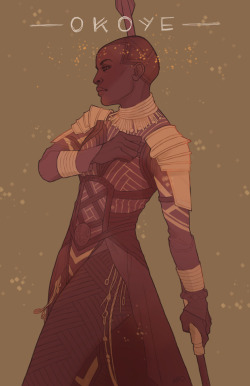 amandarotten:  Oh, where to begin? Okoye, thank you for being the female character that every story needs. All the love for Black Panther! Also, I used this ref of beautiful Danai Gurira from Dujour magazine