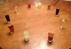 hitch-hikers-guide-to-fandoms:  adayinthelifeofpeach:  k-lionheart:  eyress:  I CHALLENGE YOU TO A BATTLE OF WITS The game is this: I set up five pairs of identical looking shots:  pineapple juice or lemon juice,  Chinese sugar tea or apple cider vinegar,