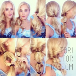 toritutorial:  And now the moment you’ve all been waiting for….. the 2 minute fishtail cheat! Start by pulling your hair into a low side ponytail.   Next, use your fingers to topsy-tail the low ponytail.  You can do this simply by turning the ponytail