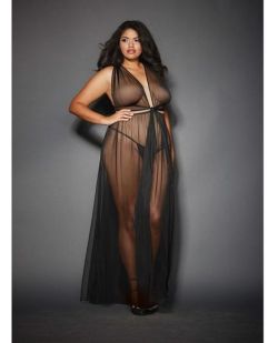 lingerie-plus:  Lorena - a sultry Black Sheer Mesh Gown w/Cut Out Sides &amp; Ties in Back with matching G-String Panty.