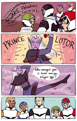 squidwithelbows:  The way I see it, Prince Lotor could either be a great opportunity for serious drama or just an absolute Team Rocket-style shitty villain, and either way I am 110% ready to see Voltron dropkick him into space.