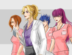 warb1rd: Ok for today’s doctor au doodle, let’s show appreciation for the maternity ward medical team lead: Dr Valentine / Kujaku, and her dedicated nurses and midwives.  Joey always checks out the blonde doc whenever he walk past her, but then again