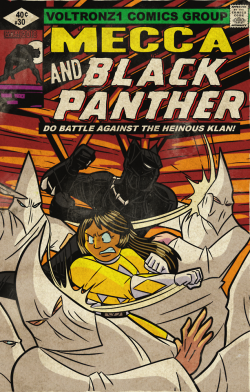 This was commissioned by someone on deviantART known as VoltronZ1, and he wanted me to make a comic cover featuring his friend’s character, Mecca, doing battle against the KKK alongside Black Panther.