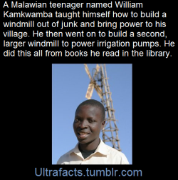 earthprxnce:  1017sosa300:ultrafacts:William had a dream of bringing electricity and running water to his village. And he was not prepared to wait for politicians or aid groups to do it for him. The need for action was even greater in 2002 following one