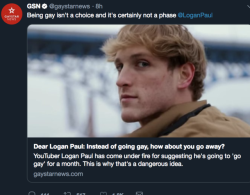 bob-belcher: One year after he posted his suicide video, Logan Paul has stated he will be going gay for the month of March. Cancel this tool once and for all, glorifying suicide wasn’t enough. 