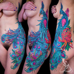 inkked-up:  Peacock and Chrysanthemums Side Tattoo ideas for women Done by Ben Lucas at Eye of Jade Tattoo in Chico, CA, U.S.A. instagram.com/ben_lucas_ benlucas76.tumblr.com ben@eyeofjadetattoo.com  