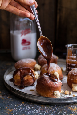do-not-touch-my-food:  Peanut Butter Cheesecake Doughnuts with Salted Chocolate Bourbon Caramel 