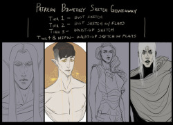 UPDATE: Biweekly Sketch GiveawayAs an added bonus in all of this mess with me switching around tiers I am now opening a biweekly sketch giveaway. Every other week I will choose one patron and draw:ũ patrons: one free bust sketchū patrons: one free bust