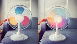 firehouselight:  blah-blahs:  doityourselfproject:  Paint primary colors on fan wings  BRILLIANT  Did we just discover how to paint with all the colors of the wind? 