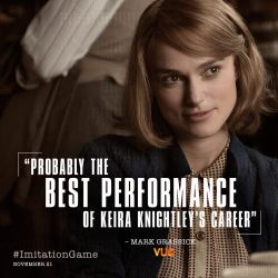  The Imitation Game @ImitationGame ·  Oct 10 #KeiraKnightley shines as mathematician Joan Clarke in The #ImitationGame.  