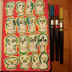 Adding color to previously doodled skulls. #mattbernson #skulls #artistsontumblr #artistsoninstagram  #ink #drawing #pentelbrushpen