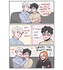 randomsplashes:  randomsplashes: a concept: yuuri and victor being cheesy af and ridiculously in love with each other that they completely forget their adopted son yurio   bonus: victor has to wear this for the rest of the day (stop dad shaming him yurio)