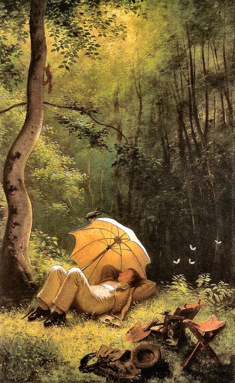 unjouruntableau:Carl Spitzweg - Le Peintre dans une clairière allongé sous un parasol, 1850.