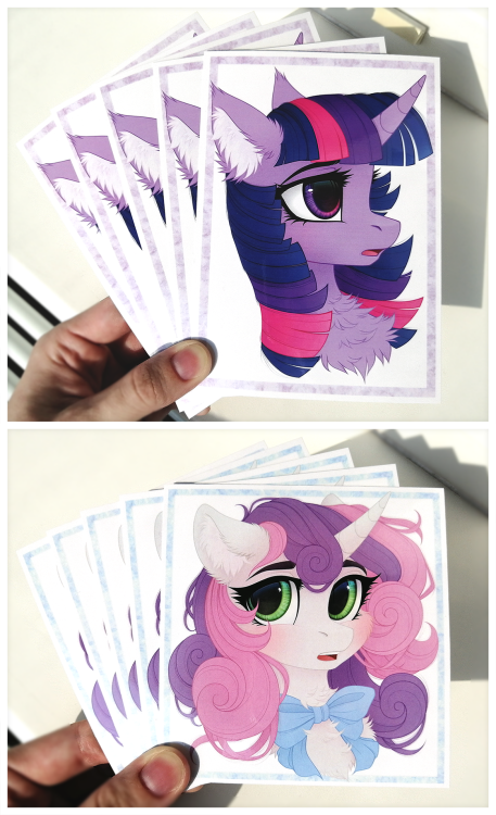 vird-gi:I’ve got actual prints (with glossy lamination, yay), and they are available for purchase!  - Cute Twilight Sparkle - 105x148 mm, price is ũ,5 (USD)  - Cute Sweetie Belle - 100x105 mm, price is ũ (USD)  - Delivery may vary Boop me with