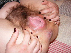 posednakedfor:  meat hole  VERY nice wrecked cunt! I love how messy and hairy it is. I&rsquo;d love to push my hard dick between the bulging walls of her prolapsing meat-hole.