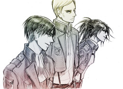 bishie-chan:  Characters: Rivaille, Erwin Smith &amp; Hange ZoeManga/Anime: Shingeki no KyojinFanart by: Pixiv Id 1241494 とみい (twitter)  ※ Permission to upload this was given by the artist.  
