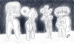 garabatoz:  We, are The Beach Gems - Garnet, Amethyst and Pearl, and Peridot. Just a sketch.Yup, I received a good amount of mails. I must find a good time to check the mail (to prevent mistakes) and reply, also I’m busy with some commissions as I said