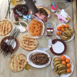 everydayafghanistan: Breakfast in Panjshir province of Afghanistan (Kebab, fish, honey, cheese, fruit, bread, candy, green tea, black tea, fruit juice). #Panjshir #Afghanistan Photo by Shaghayegh Moradian Nejad @shaghayeghmoradiannejad #EverydayPanjshir