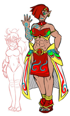 vixagri:I designed a colorful Gerudo version of Celia because Zelda had taken us all.  Brief, undetailed Sheikah!Riiko for scale.  A fan suggested the idea of giving her some bits of Iron Knuckle armor for implications, so I did.  Gold-plated and painted