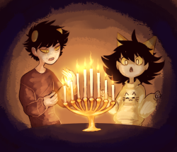 demented-sheep:  I’M ALWAYS SEEING CHRISTMAS BUT THERE IS BARELY ANY HANUKKAH SO HERE IT IS [i missed up on the menorah i didn’t have a reference when i was drawing this] [[i’ll do another Hanukkah one soon]] 