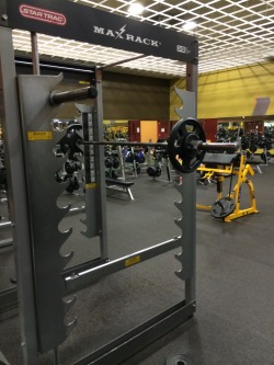 thedragonflywarrior:  Trying a new squat setup today. My gym doesn’t have a proper power rack, and I’m getting a nagging suspicion that the regular squat rack (with the fixed height catches) is stopping me from going all the way to depth, even if