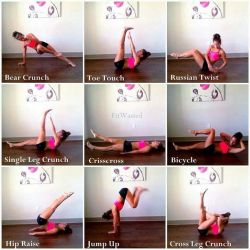 sassyfitblog:  Work your Abs &amp; Core! Do these 9 ab exercises for the prescribed number of reps or hold count: Bear or Side Plank Crunch - 10-15 reps on each side Toe Touch - 20 reps Russian Twist - 20 alternating reps Single Leg Crunch - 10 -15 reps