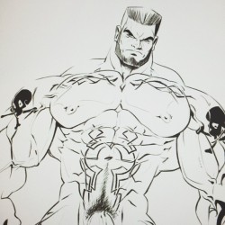 dizdoodz:  Hulking-man-figure #muscles #sketch #dizdoodz #bara #superhero #ripped #tats #tattoo #sexy #man #pubes #nsfw